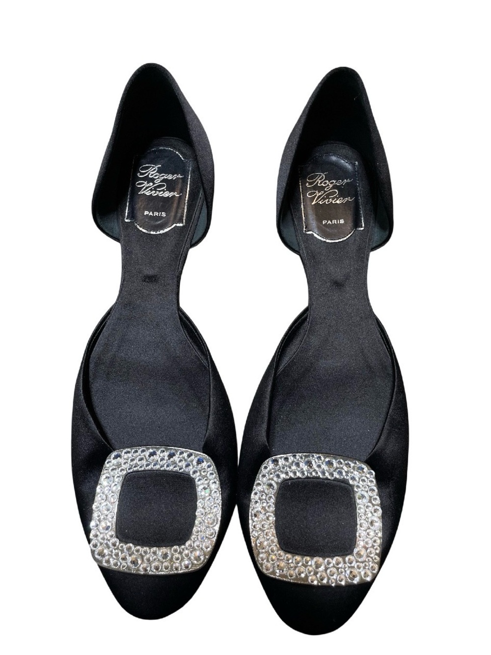 Roger Vivier Black Satin Crystal-Buckle D'Orsay Flats Size 38.5